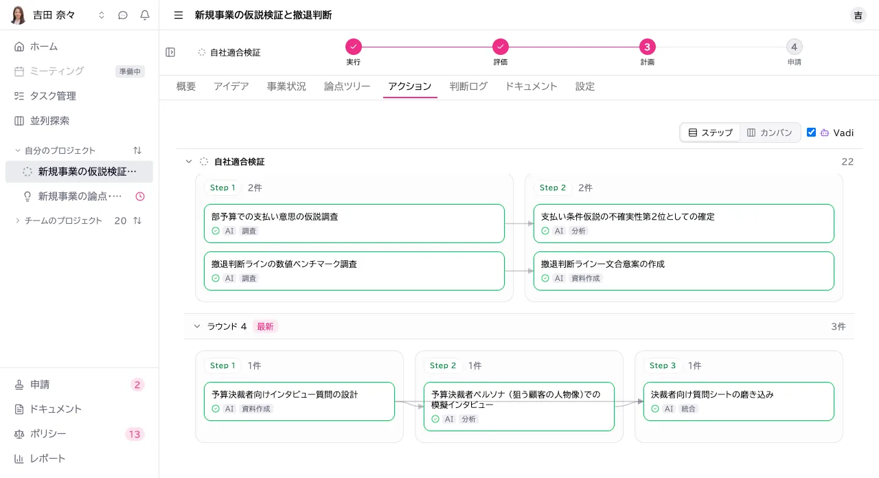 Vividir のアクション画面。調査・分析・資料作成のステップを AI が順に実行する