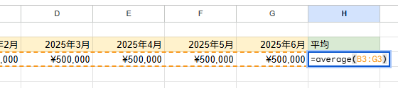 AVERAGE関数の使用例。過去6ヶ月の広告宣伝費実績（B3）から平均値を算出するスプレッドシート